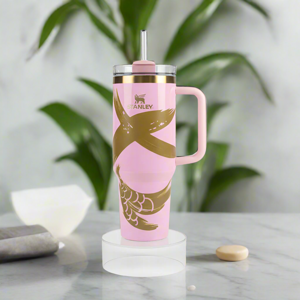 Pink tumbler with gold design on a white background